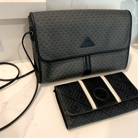 Vintage Liz Claiborne Gray Black Leather Crossbody Shoulder Bag Purse Wallet Set - Picture 2 of 16